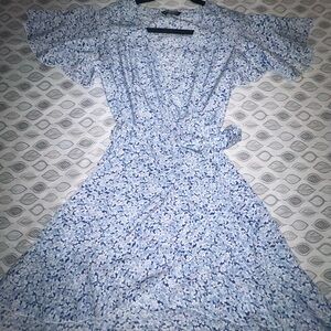 Blue and White Wrap Midi Dress with Flutter Sleeves